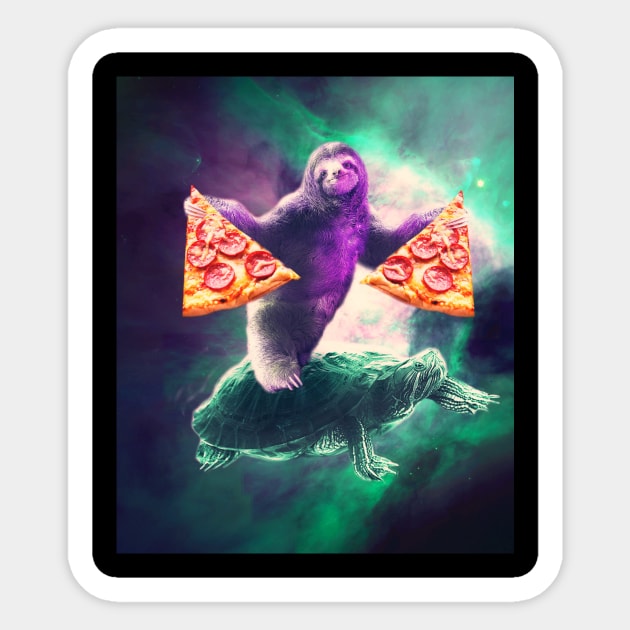 Funny Space Sloth With Pizza And Turtle Sticker by Random Galaxy